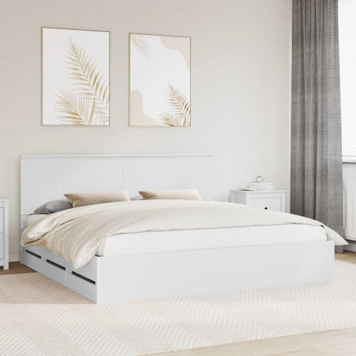 vidaXL Sängram med låda med huvudgavel Vit 200 x 200 cm Ingenjörsträ