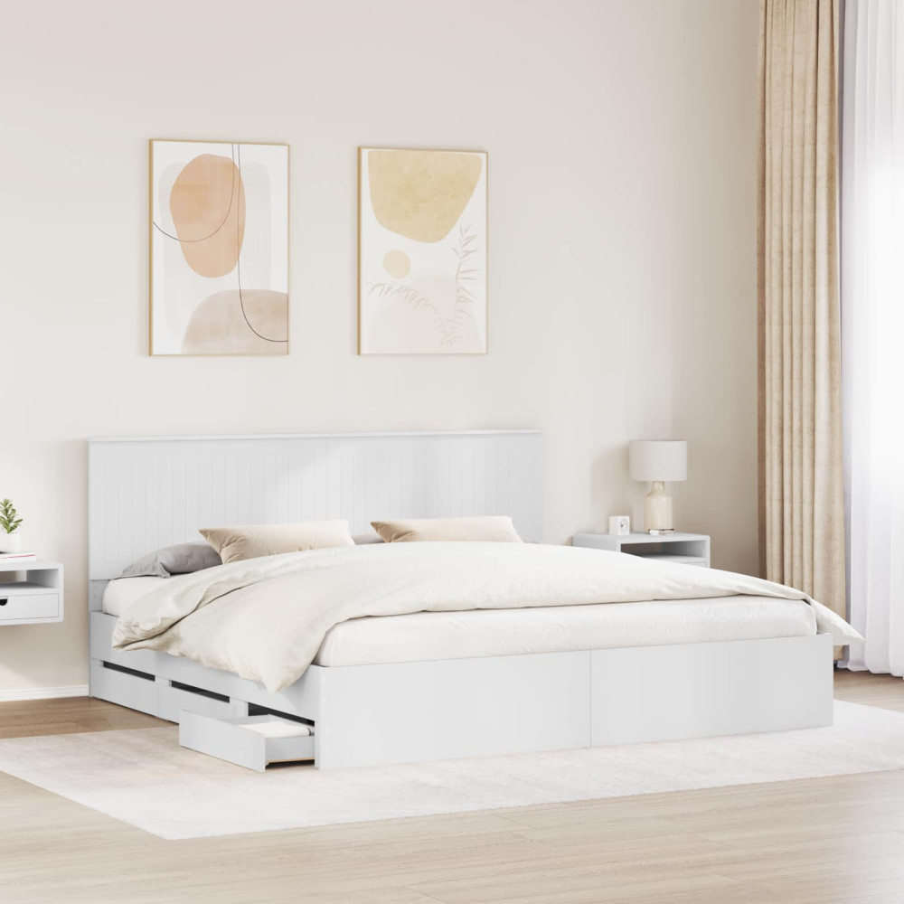 Produktbild för Sängram med låda med huvudgavel Vit 200 x 200 cm Ingenjörsträ