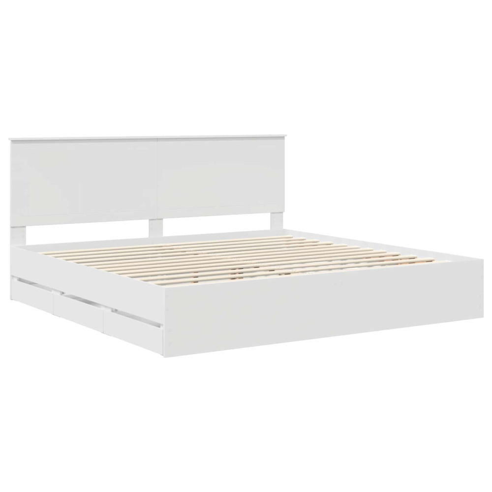 Produktbild för Sängram med låda med huvudgavel Vit 200 x 200 cm Ingenjörsträ