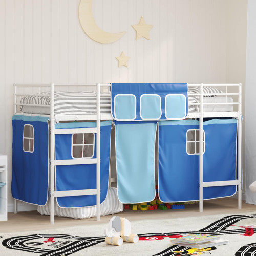 vidaXL Barns LOFT SÄNG RAM med Gardiner Vit och Blå 75 x 190 cm - Sängar & Sängramar