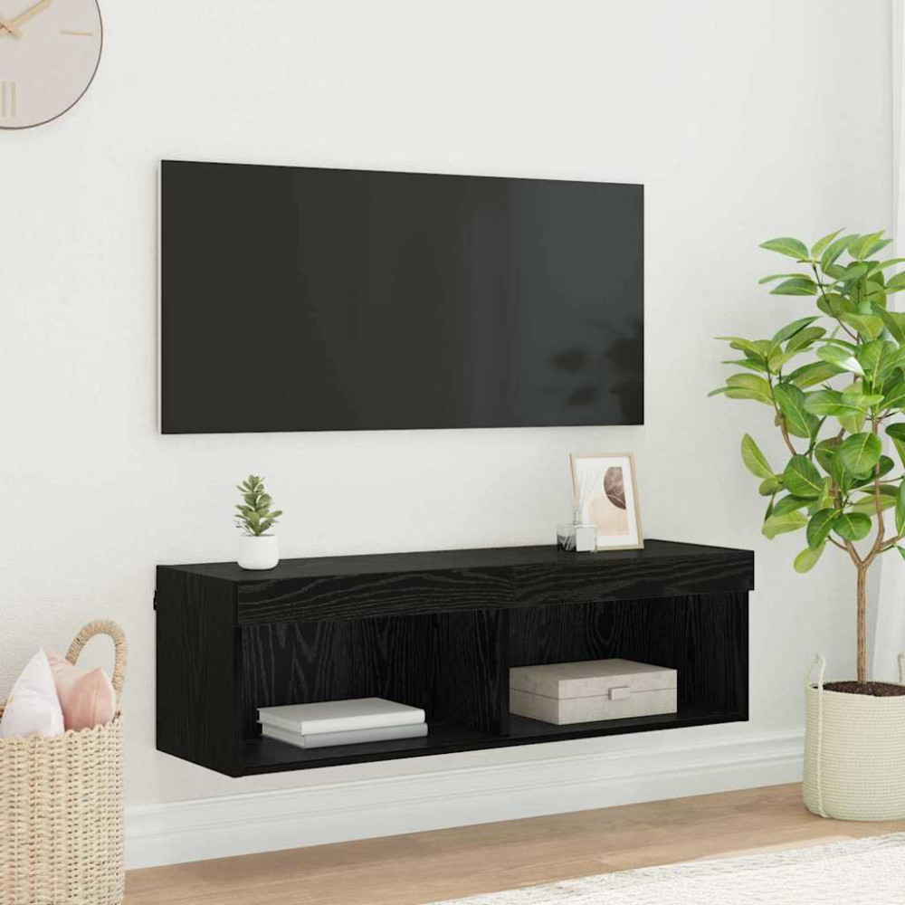 Produktbild för TV Vägghylla med LED Svart Ek 100 x 30 x 30 cm Konstruerat trä