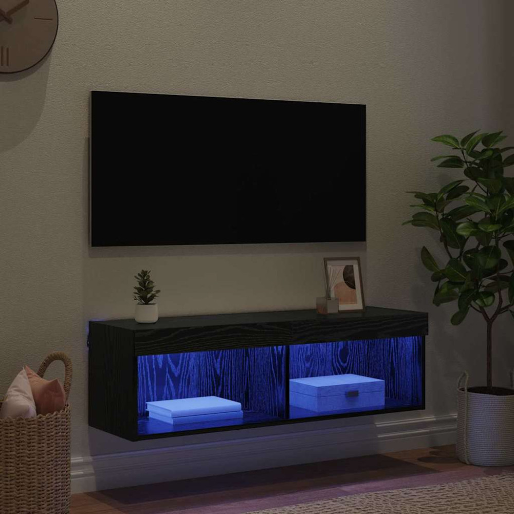 Produktbild för TV Vägghylla med LED Svart Ek 100 x 30 x 30 cm Konstruerat trä