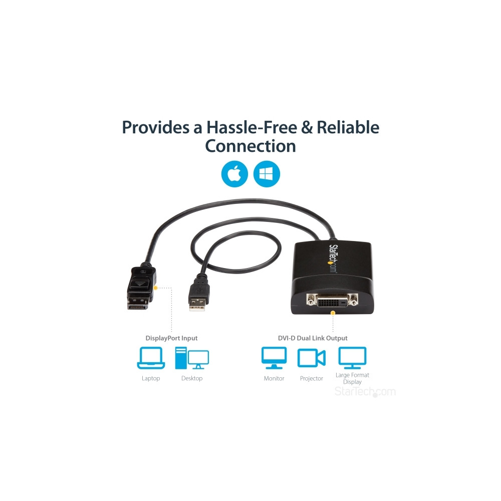 Produktbild för StarTech.com DisplayPort till DVI Dual Link aktiv adapter - DisplayPort till DVI-D adapter videokonverterare 2560x1600 60 Hz - DP 1.2 till DVI-skärm - USB-driven - Låsande DP-kontakt - DisplayPort-/ DVI-adapter - 37 cm