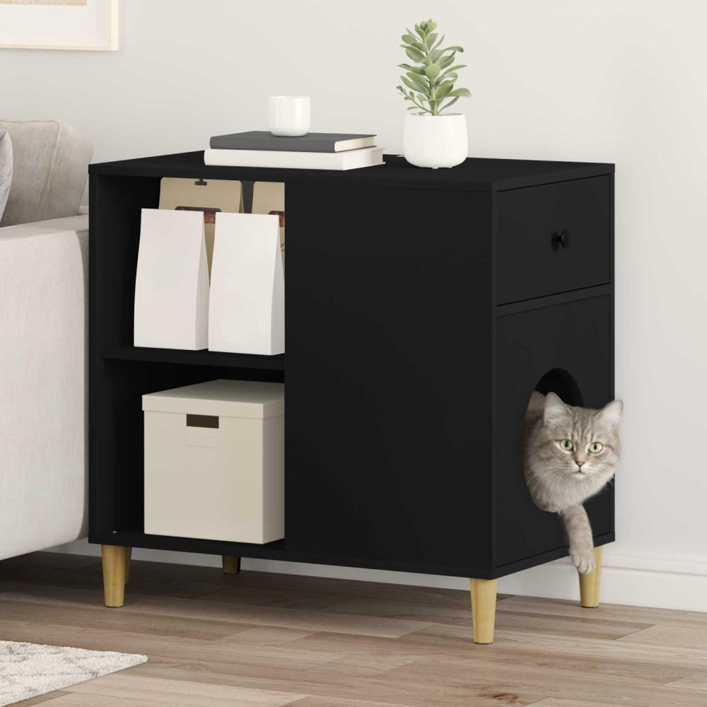 Produktbild för Katt hus Svart 72 x 42,5 x 70 cm Konstruerat trä