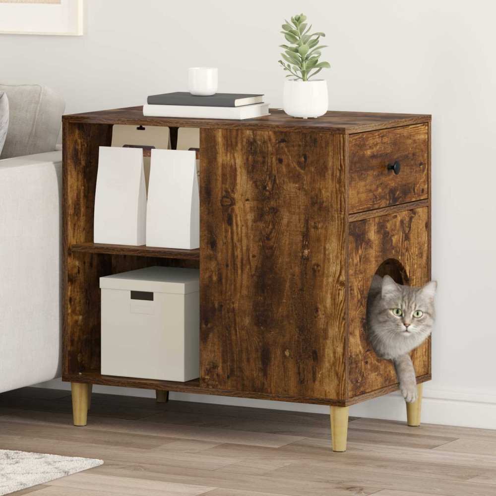 Produktbild för Katt hus Rökt ek 72 x 42,5 x 70 cm Konstruerat trä