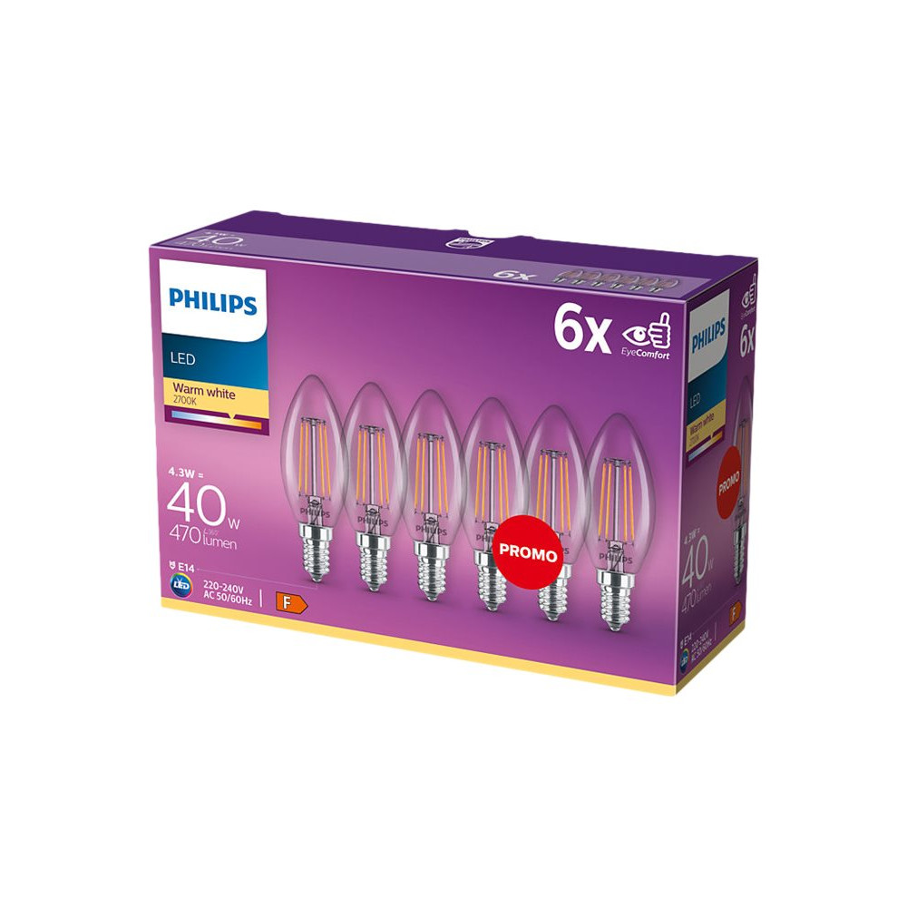 Produktbild för Philips - LED-glödlampa med filament - form: B35 - klar finish - E14 - 4 W - varmt vitt ljus - 2700 K (paket om 6)