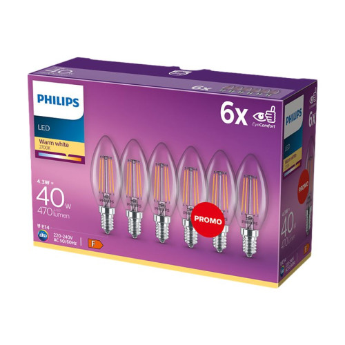 Philips Philips - LED-glödlampa med filament - form: B35 - klar finish - E14 - 4 W - varmt vitt ljus - 2700 K (paket om 6)