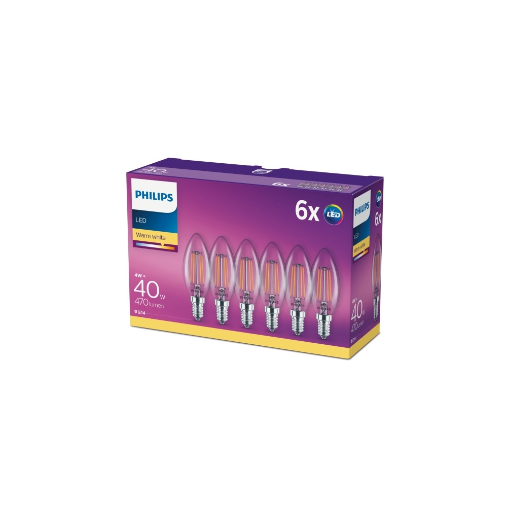 Produktbild för Philips - LED-glödlampa med filament - form: B35 - klar finish - E14 - 4 W - varmt vitt ljus - 2700 K (paket om 6)
