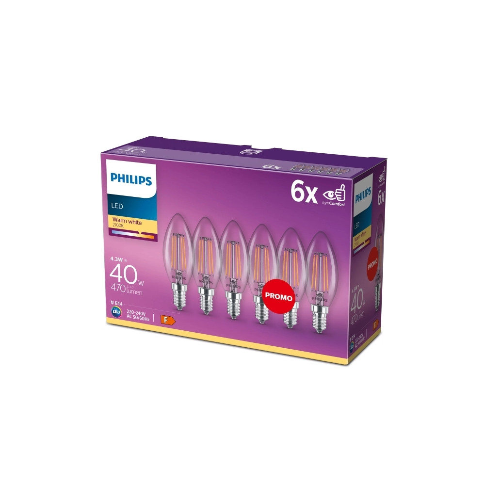 Produktbild för Philips - LED-glödlampa med filament - form: B35 - klar finish - E14 - 4 W - varmt vitt ljus - 2700 K (paket om 6)