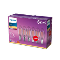 Produktbild för Philips - LED-glödlampa med filament - form: B35 - klar finish - E14 - 4 W - varmt vitt ljus - 2700 K (paket om 6)