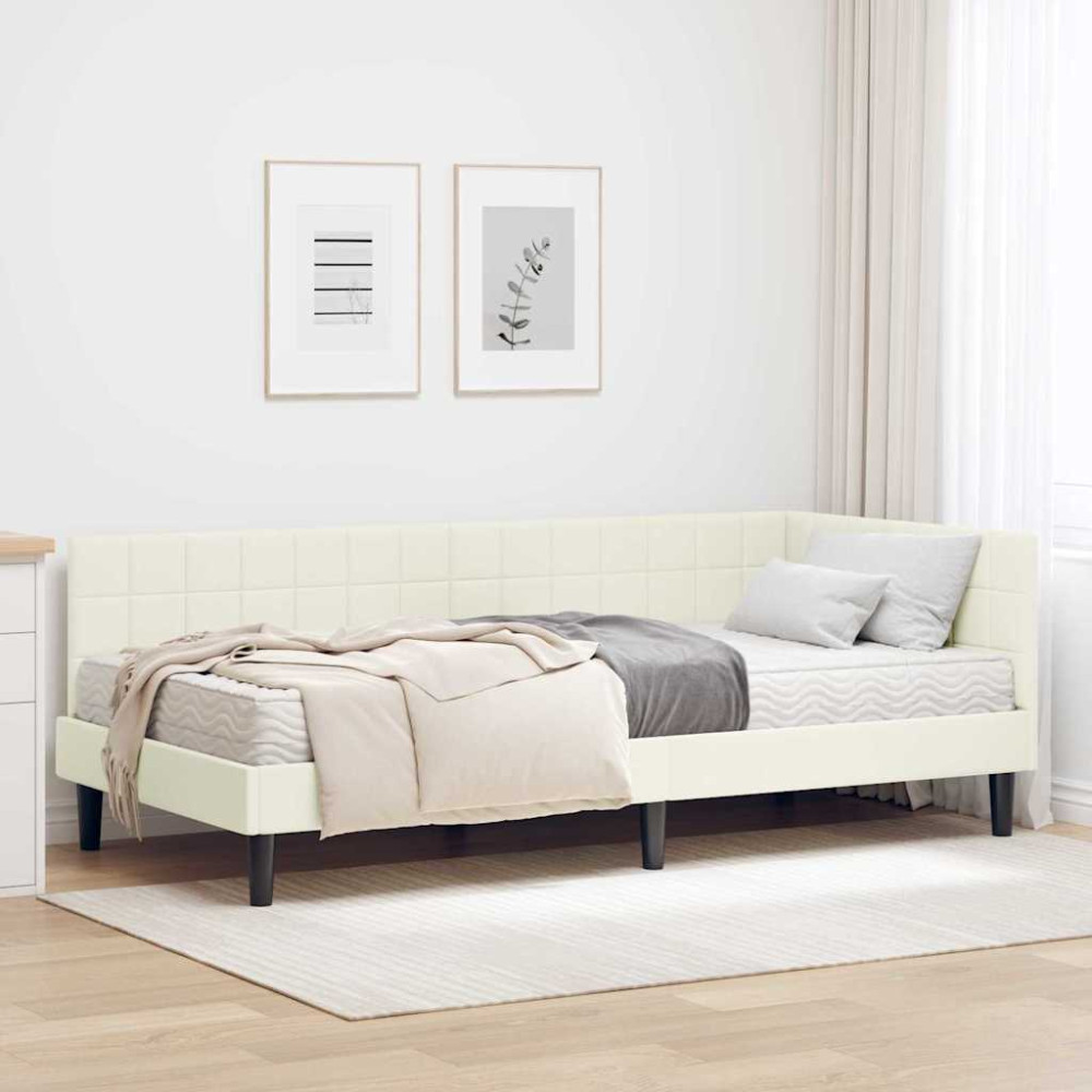 Produktbild för Hörn Sängram med Madrass med huvudgavel Kräm 90 x 190 cm Sammet