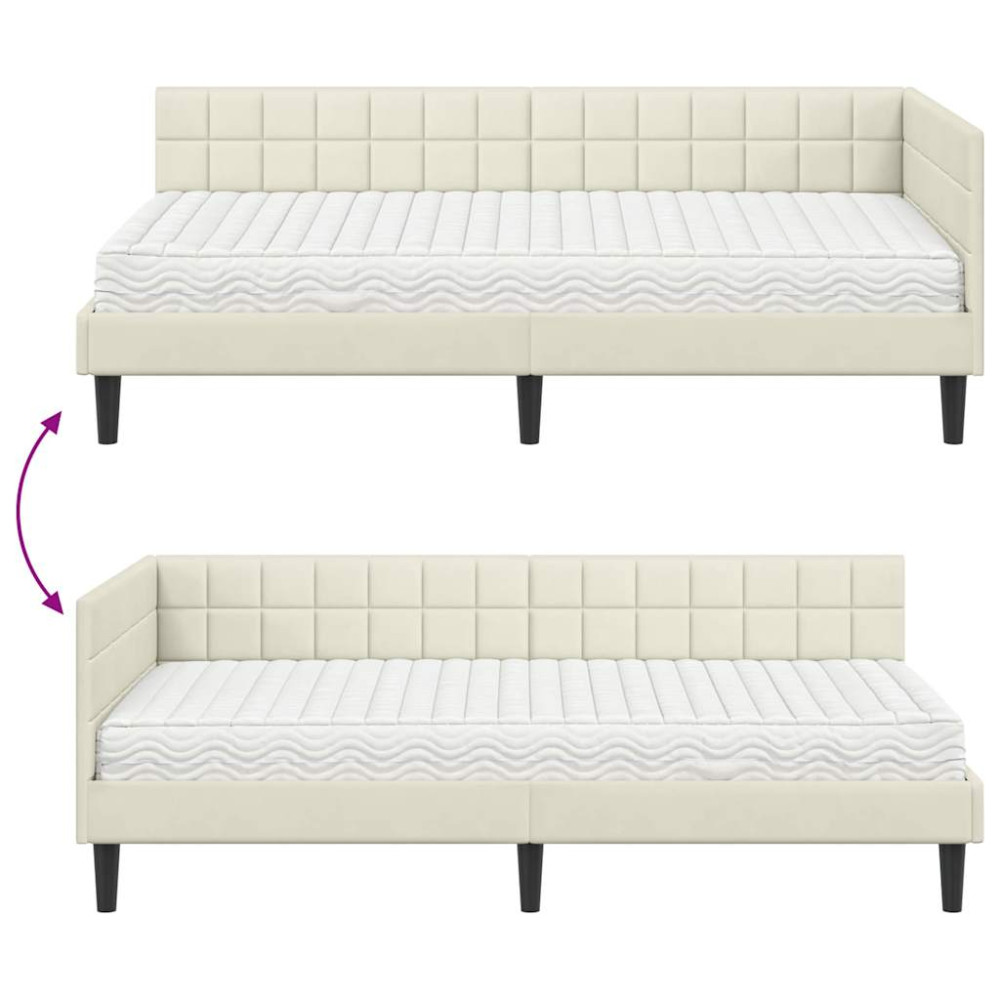 Produktbild för Hörn Sängram med Madrass med huvudgavel Kräm 90 x 190 cm Sammet