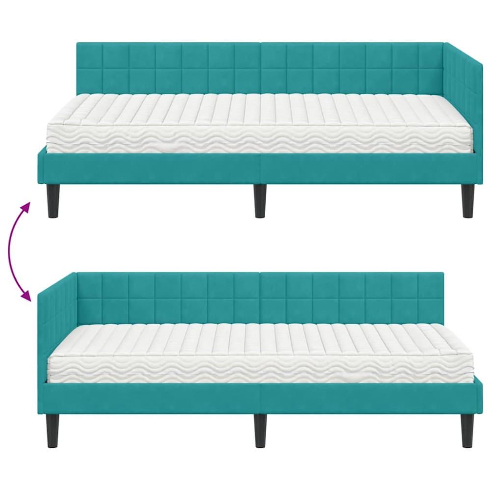 Produktbild för Hörn Sängram med Madrass Turkos 90 x 190 cm Sammet