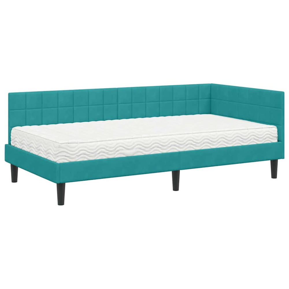 Produktbild för Hörn Sängram med Madrass Turkos 90 x 190 cm Sammet