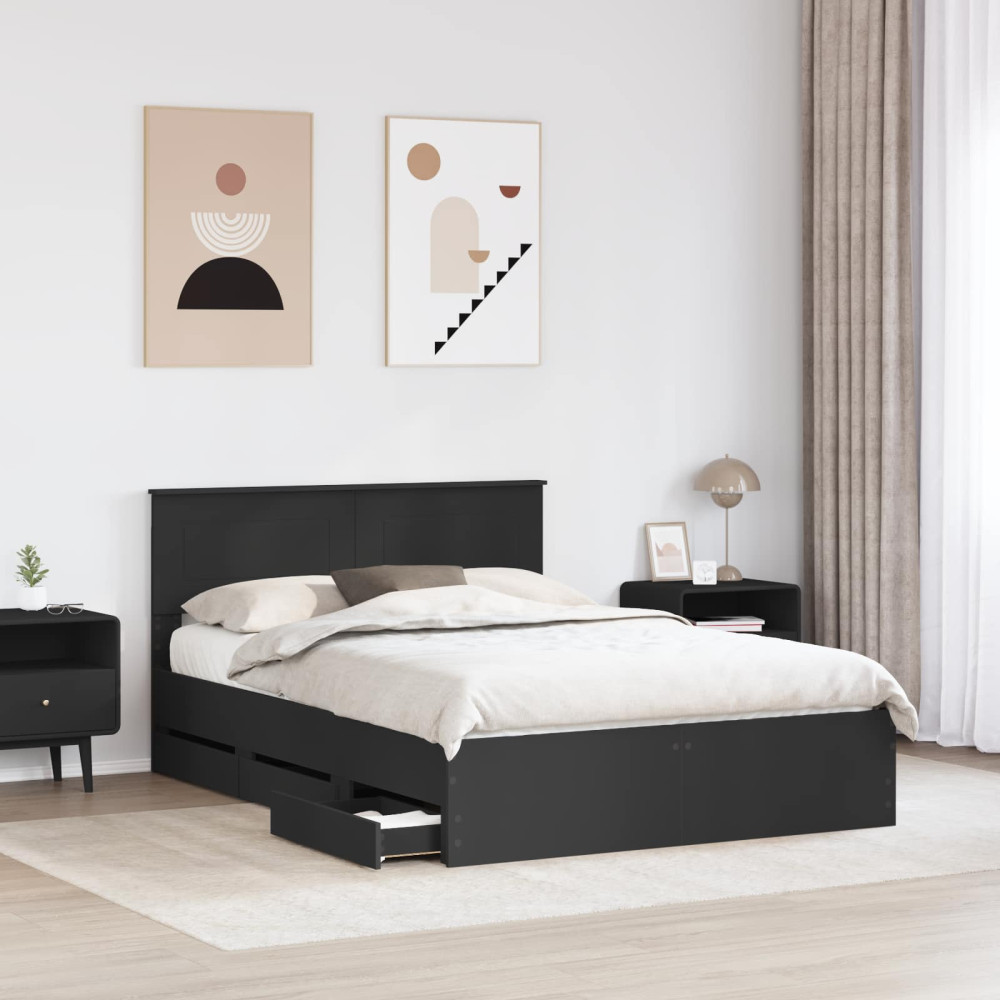 Produktbild för Sängram med låda med huvudgavel Svart 160 x 200 cm Ingenjörsträ
