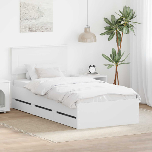 vidaXL Sängram med låda med huvudgavel Vit 75 x 190 cm Ingenjörsträ