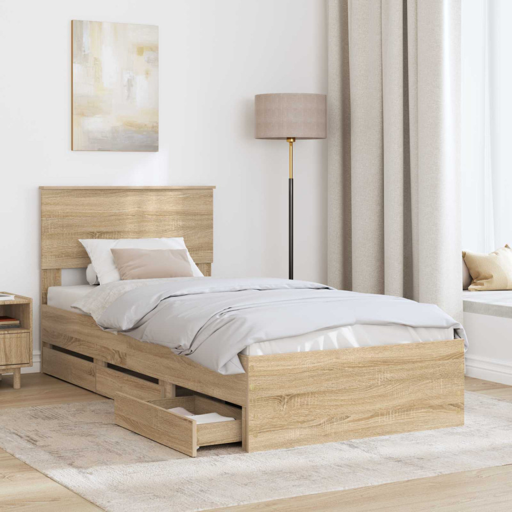 Produktbild för Sängram med låda med lagring Sonoma-ek 75 x 190 cm Ingenjörsträ