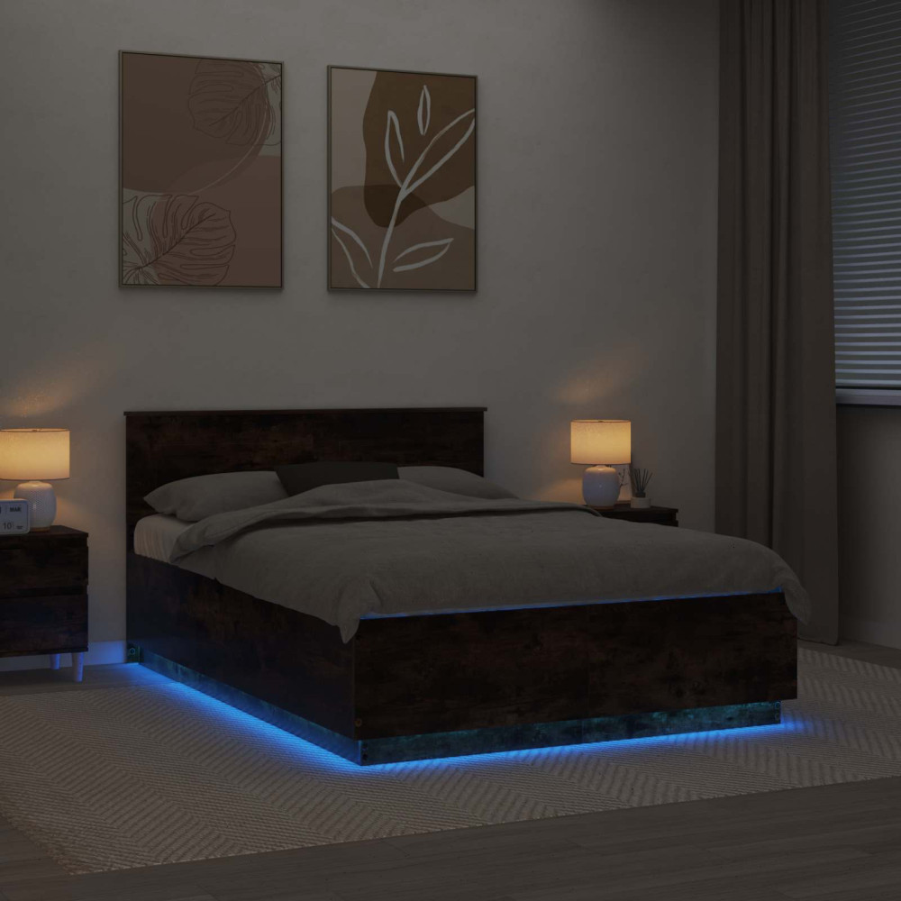 Produktbild för Sängram med LED -remsljus Rökt ek 140 x 200 cm Konstruerat trä