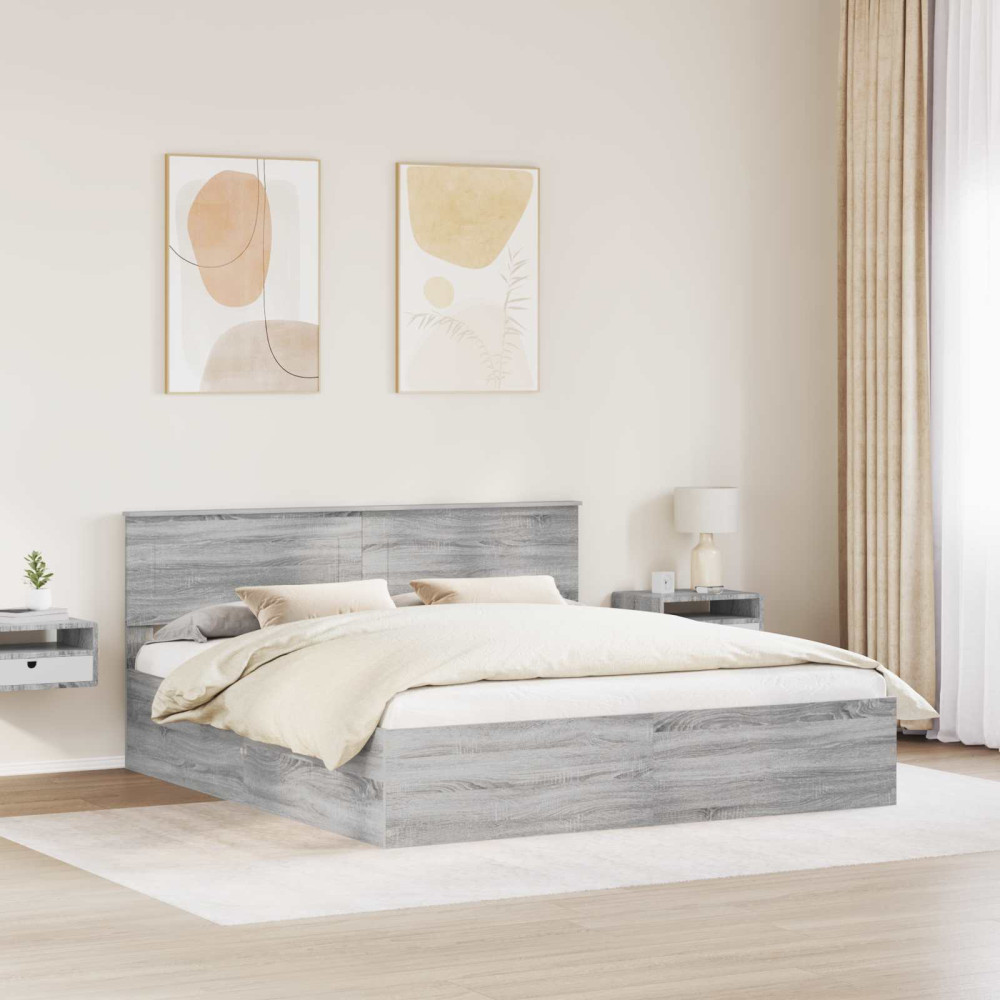 Produktbild för Sängram med huvudgavel Grå Sonoma 200 x 200 cm Konstruerat trä