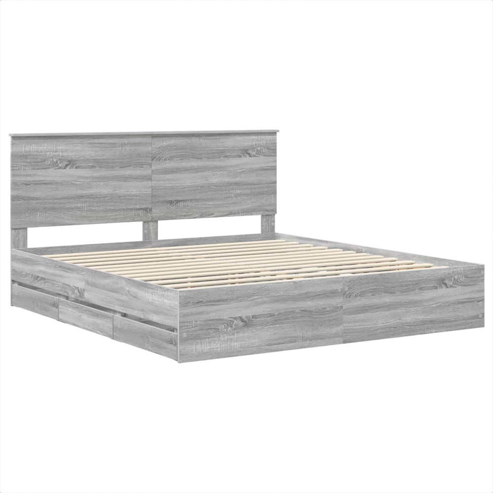 Produktbild för Sängram med låda Grå Sonoma 200 x 200 cm Ingenjörsträ