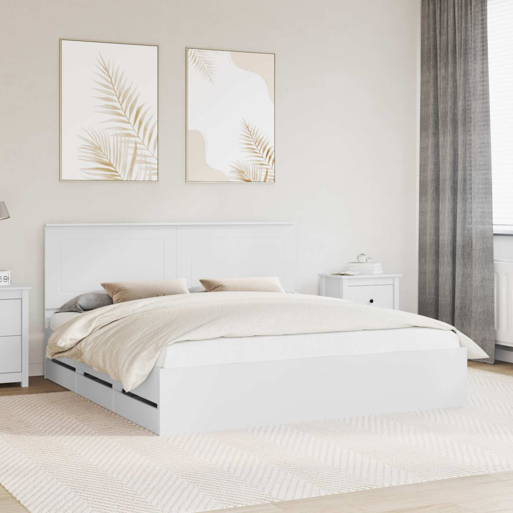 Produktbild för Sängram med låda med huvudgavel Vit 180 x 200 cm Ingenjörsträ