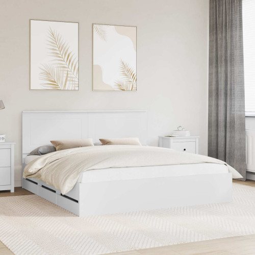 vidaXL Sängram med låda med huvudgavel Vit 180 x 200 cm Ingenjörsträ