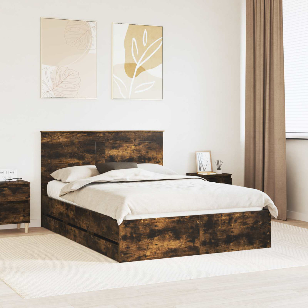 Produktbild för Sängram med låda med lagring Rökt ek 140 x 190 cm Ingenjörsträ