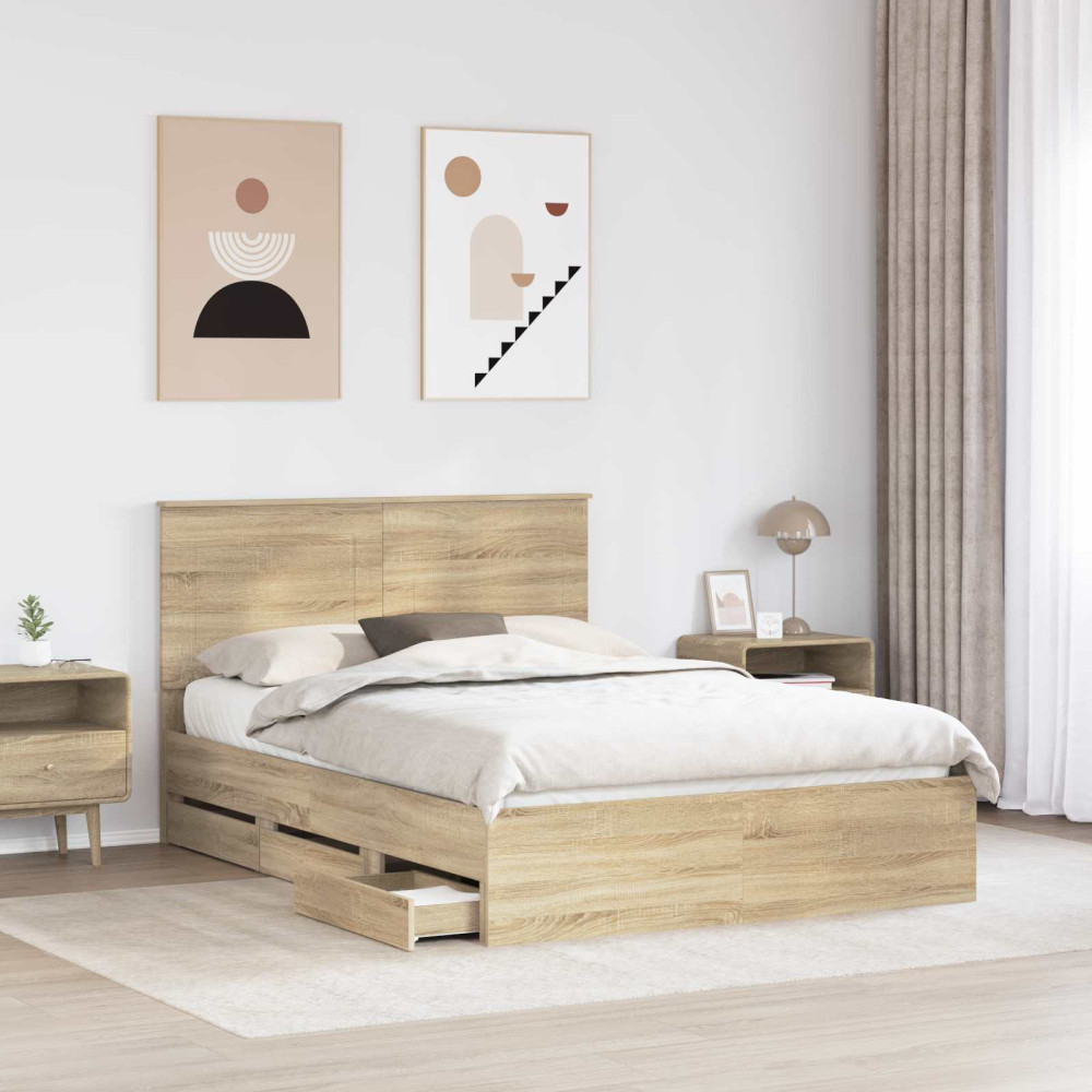 Produktbild för Sängram med låda Sonoma-ek 140 x 200 cm Ingenjörsträ