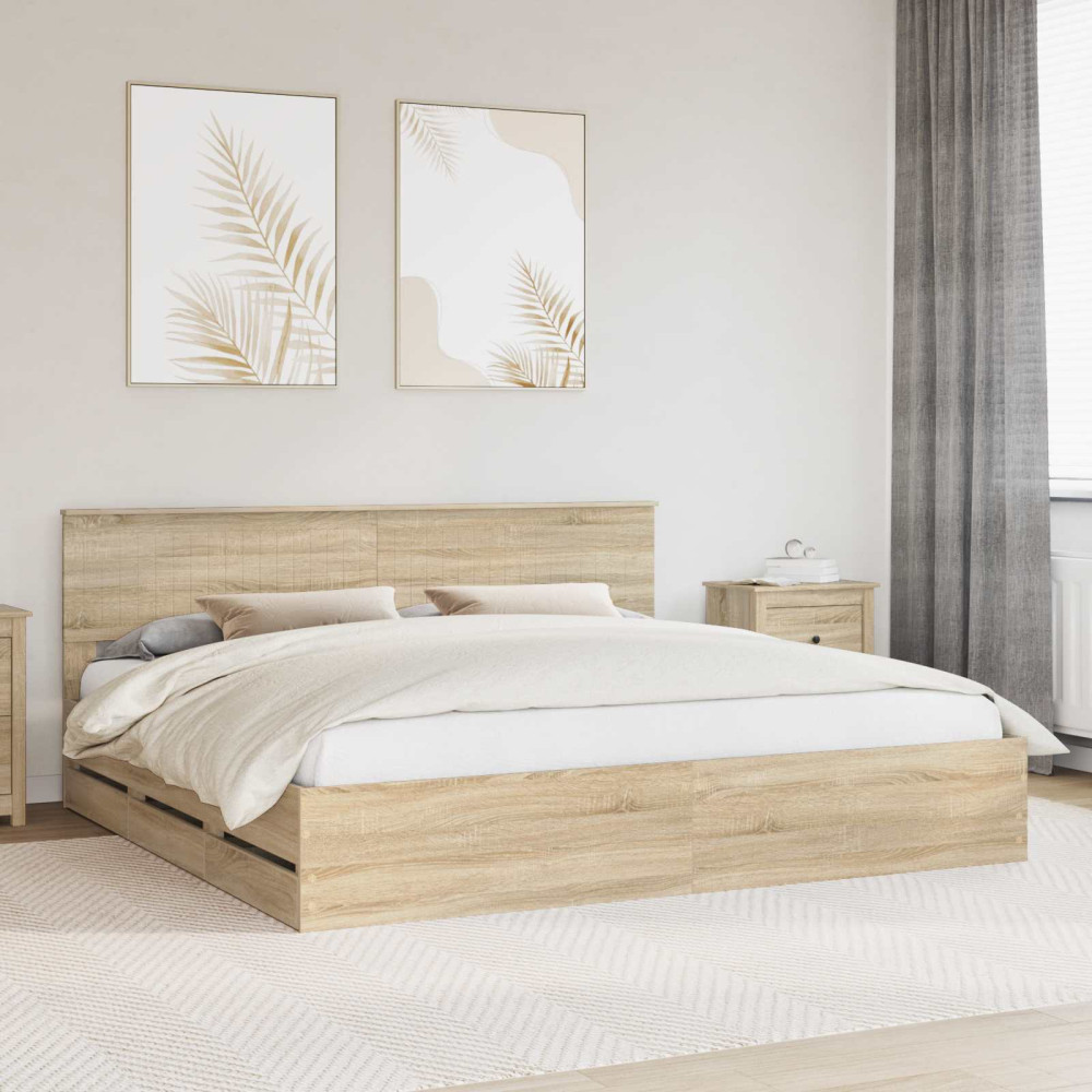 Produktbild för Sängram med låda Sonoma-ek 200 x 200 cm Ingenjörsträ