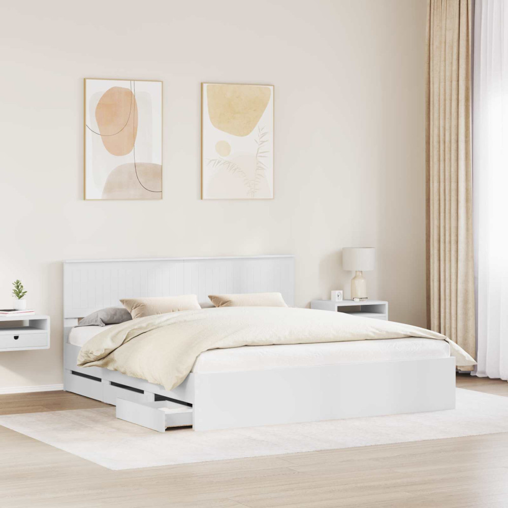 Produktbild för Sängram med låda med huvudgavel Vit 180 x 200 cm Ingenjörsträ
