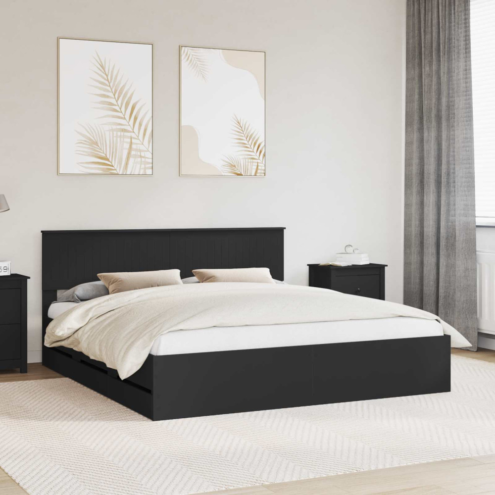 Produktbild för Sängram med låda med huvudgavel Svart 180 x 200 cm Ingenjörsträ