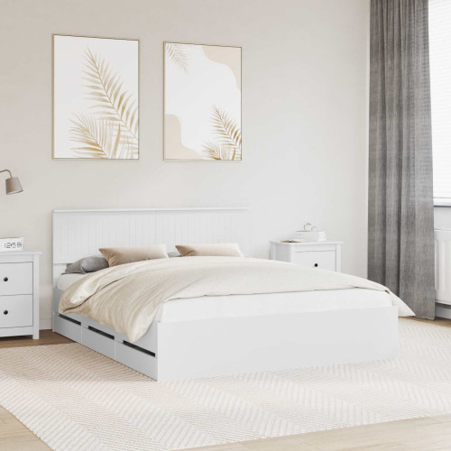 vidaXL Sängram med låda med huvudgavel Vit 160 x 200 cm Ingenjörsträ