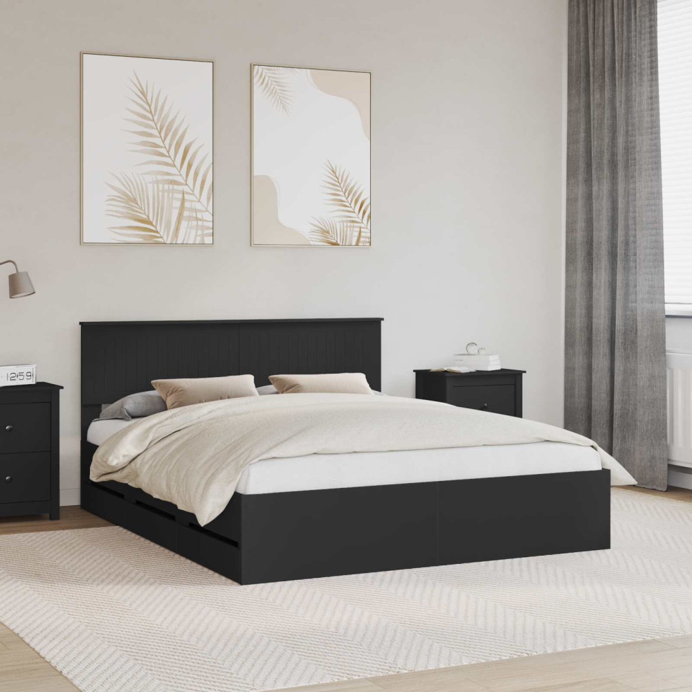 Produktbild för Sängram med låda med huvudgavel Svart 160 x 200 cm Ingenjörsträ
