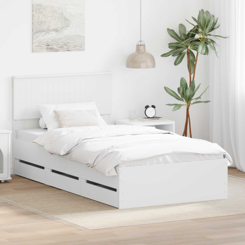 vidaXL Sängram med låda med huvudgavel Vit 100 x 200 cm Ingenjörsträ