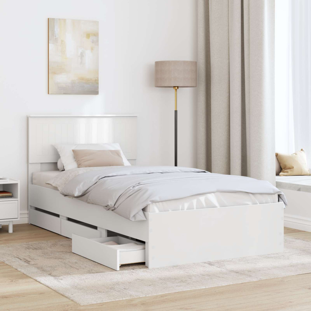 Produktbild för Sängram med låda med huvudgavel Vit 100 x 200 cm Ingenjörsträ