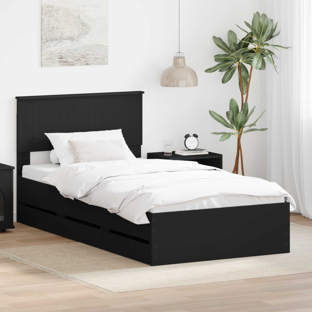 Produktbild för Sängram med låda med huvudgavel Svart 100 x 200 cm Ingenjörsträ