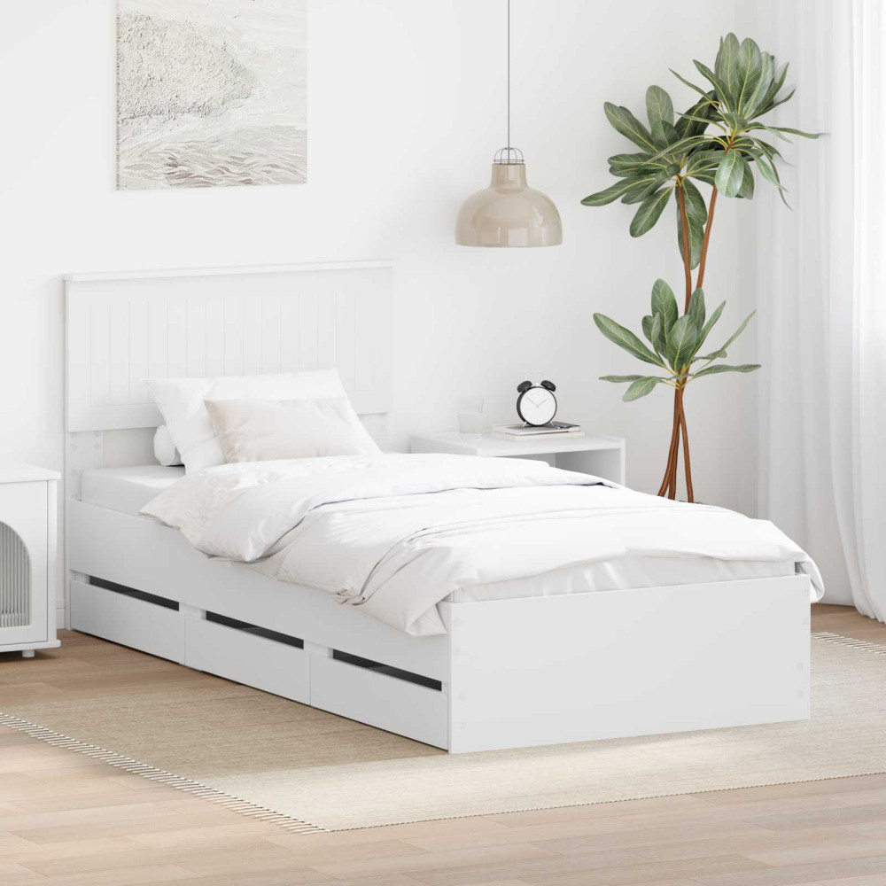 Produktbild för Sängram med låda med huvudgavel Vit 90 x 200 cm Ingenjörsträ