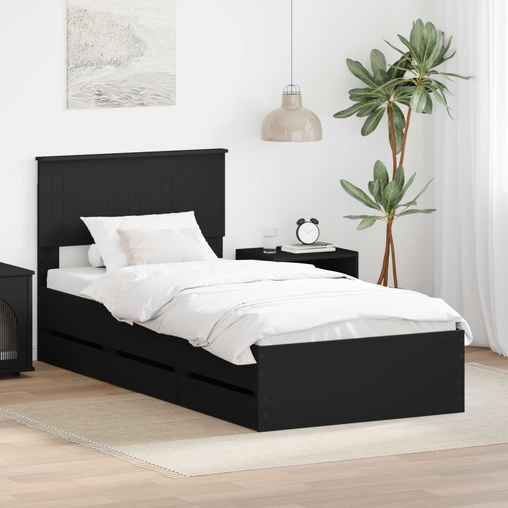 Produktbild för Sängram med låda med huvudgavel Svart 90 x 200 cm Ingenjörsträ