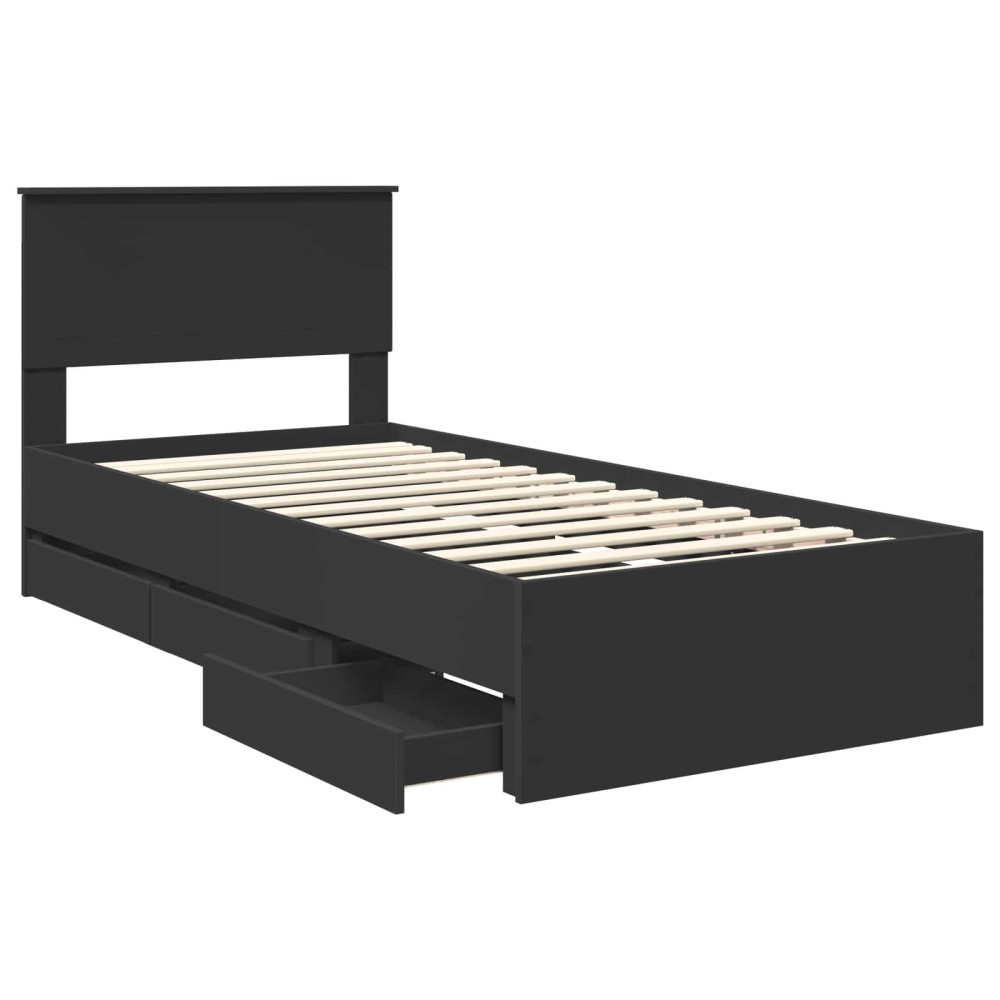 Produktbild för Sängram med låda med huvudgavel Svart 90 x 200 cm Ingenjörsträ
