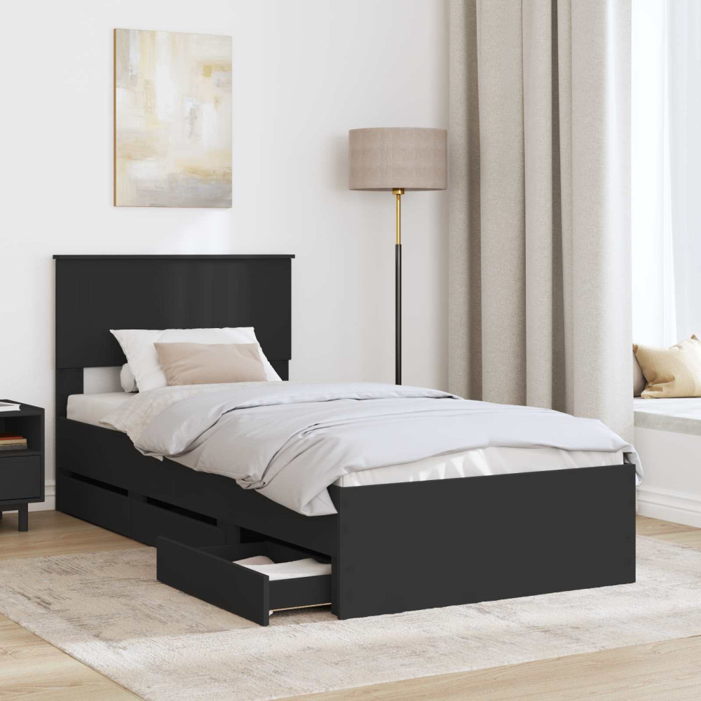 Produktbild för Sängram med låda med huvudgavel Svart 90 x 190 cm Ingenjörsträ