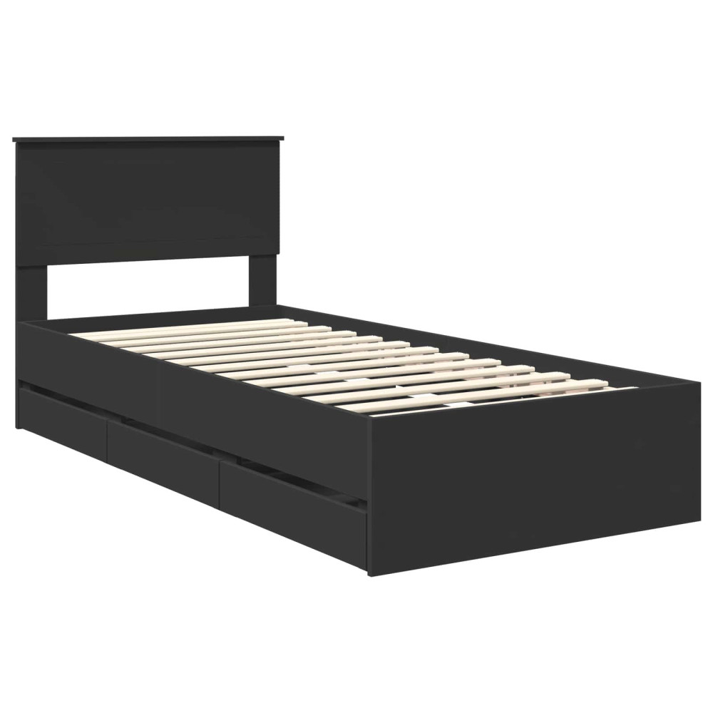 Produktbild för Sängram med låda med huvudgavel Svart 90 x 190 cm Ingenjörsträ