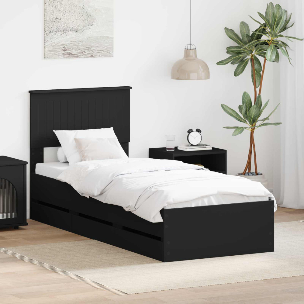Produktbild för Sängram med låda med huvudgavel Svart 75 x 190 cm Ingenjörsträ