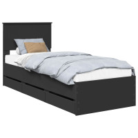 Produktbild för Sängram med låda med huvudgavel Svart 75 x 190 cm Ingenjörsträ