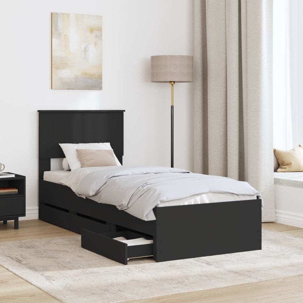 Produktbild för Sängram med låda med huvudgavel Svart 75 x 190 cm Ingenjörsträ