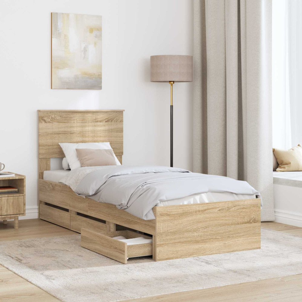 Produktbild för Sängram med låda med lagring Sonoma-ek 75 x 190 cm Ingenjörsträ