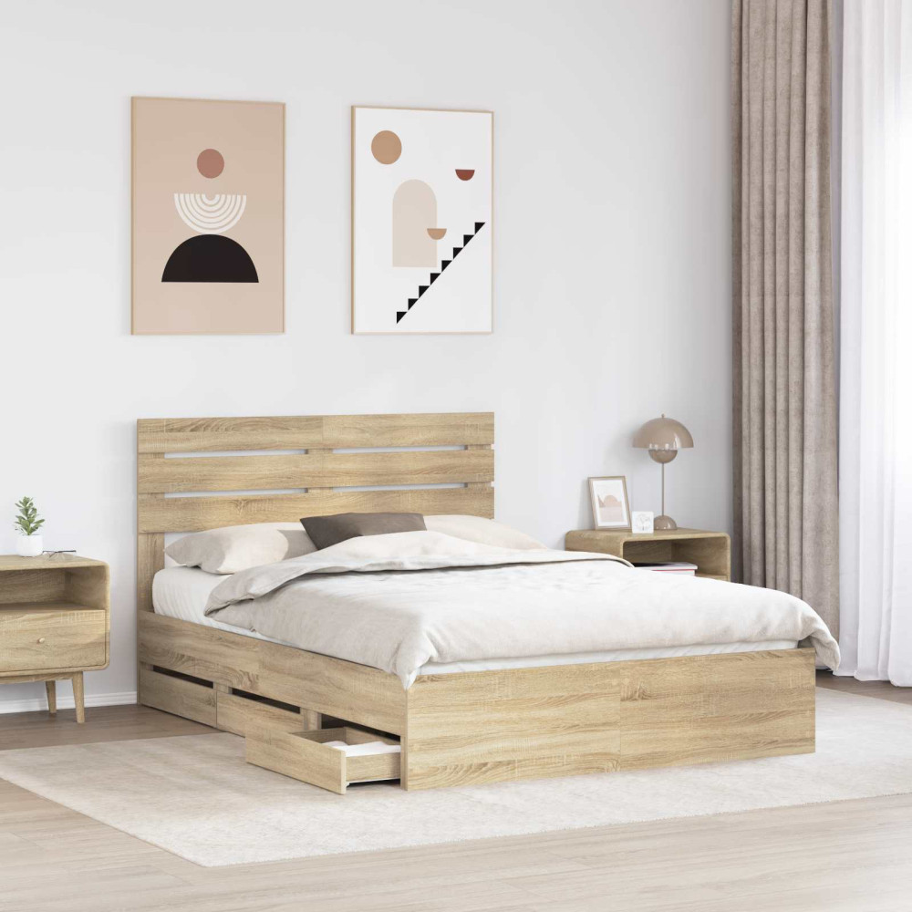 Produktbild för Sängram med låda Sonoma-ek 160 x 200 cm Ingenjörsträ