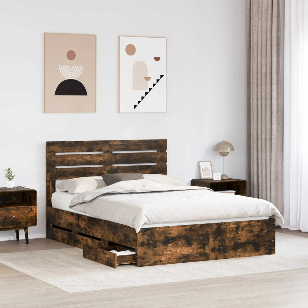 Produktbild för Sängram med låda med lagring Rökt ek 140 x 190 cm Ingenjörsträ