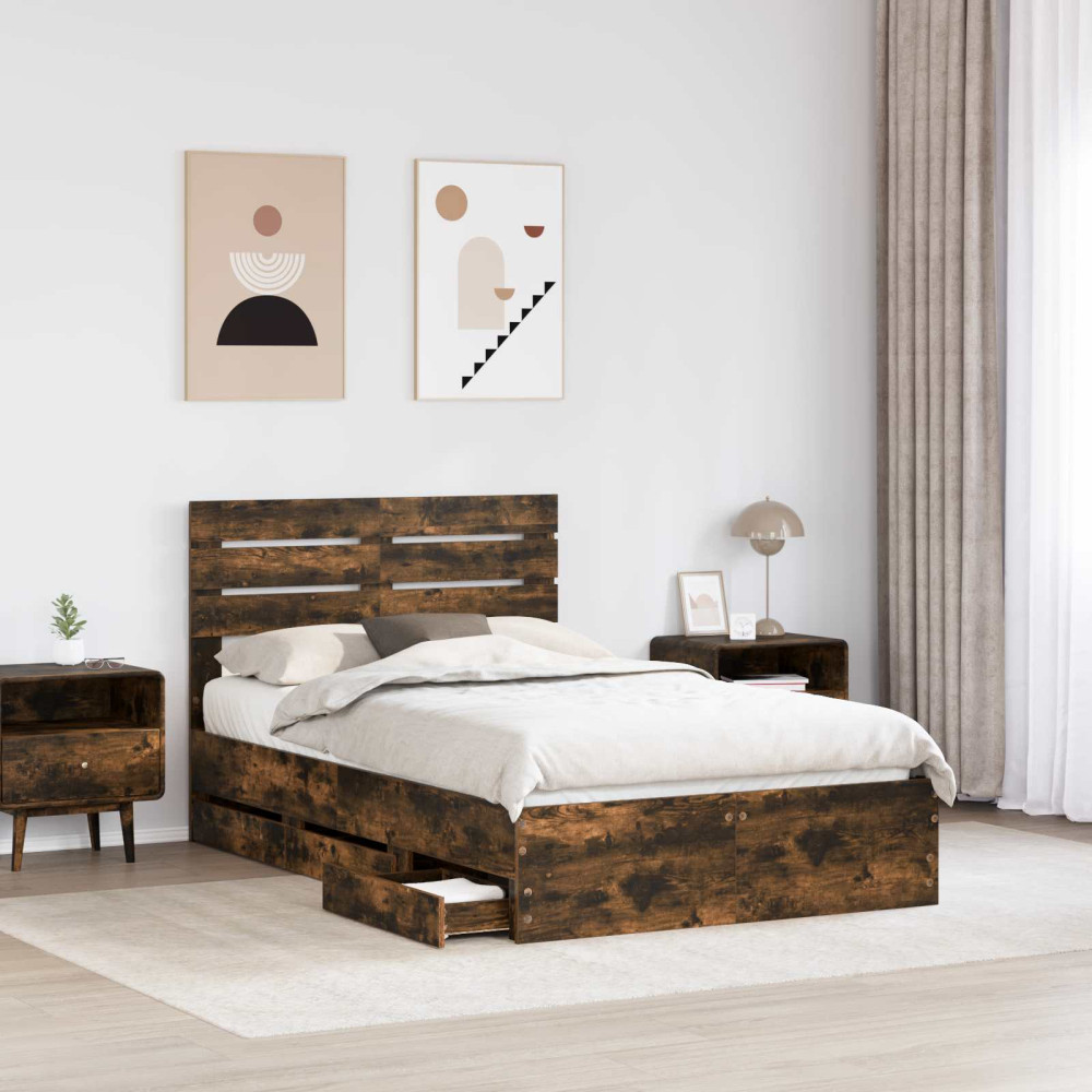 Produktbild för Sängram med låda med lagring Rökt ek 135 x 190 cm Ingenjörsträ