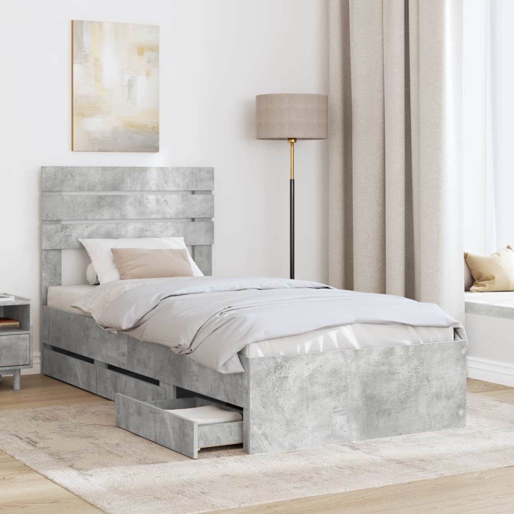 Produktbild för Sängram med låda med lagring Betonggrå 90 x 200 cm Ingenjörsträ