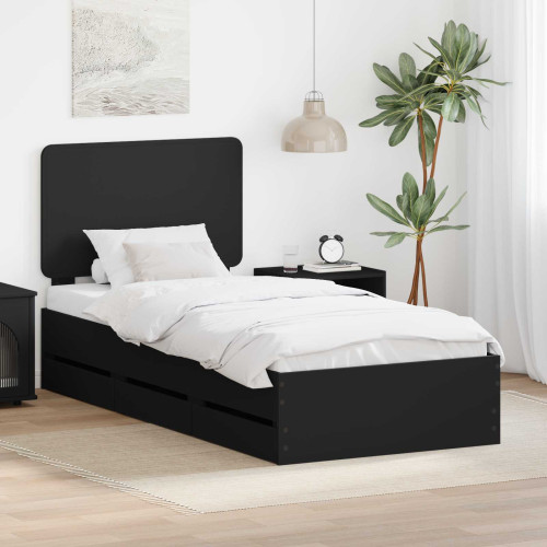 vidaXL Sängram med låda med huvudgavel Svart 90 x 200 cm Ingenjörsträ